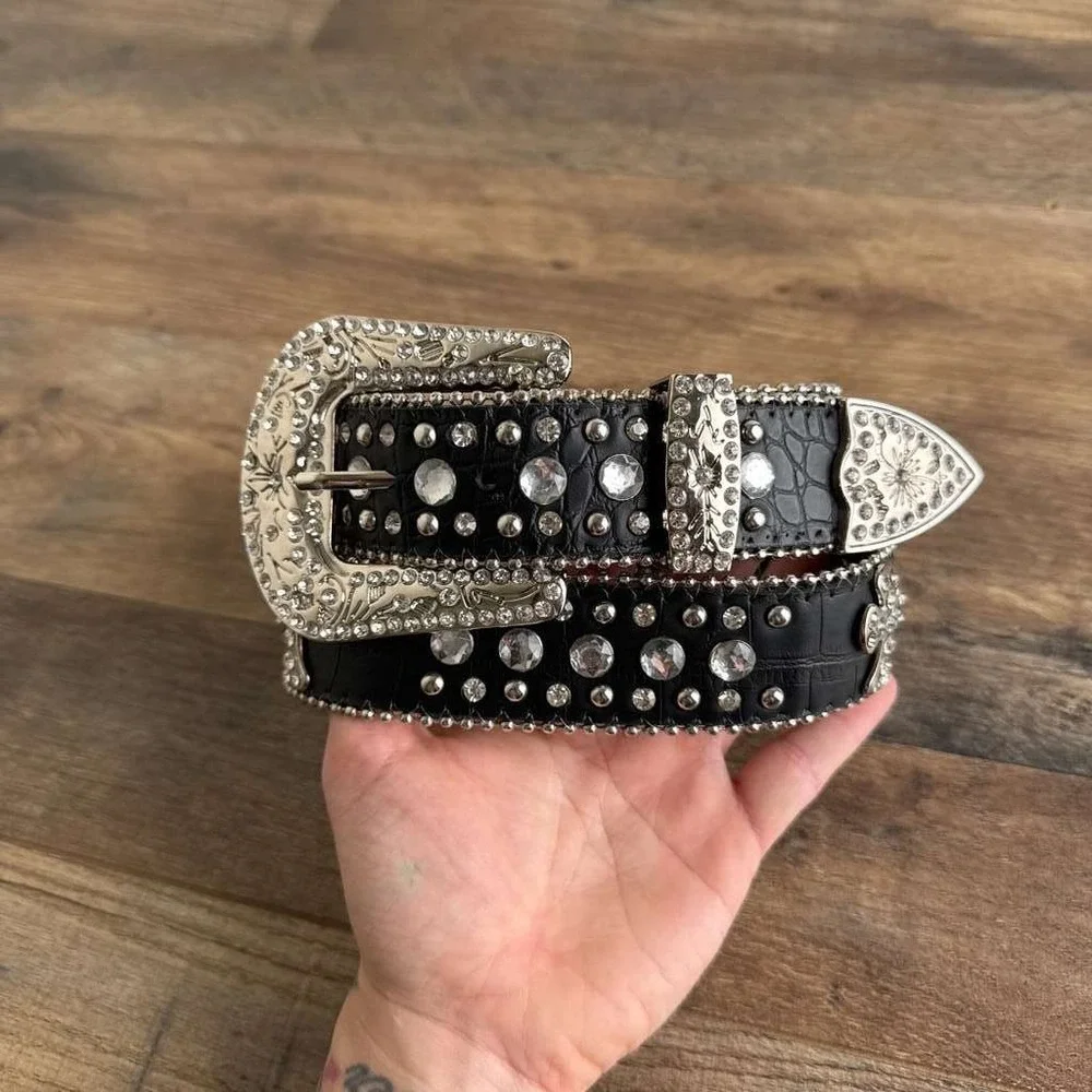 Y2K Rhinestone Studded Cross Gothic Western Belt Womens Small Black - Picture 1 of 9